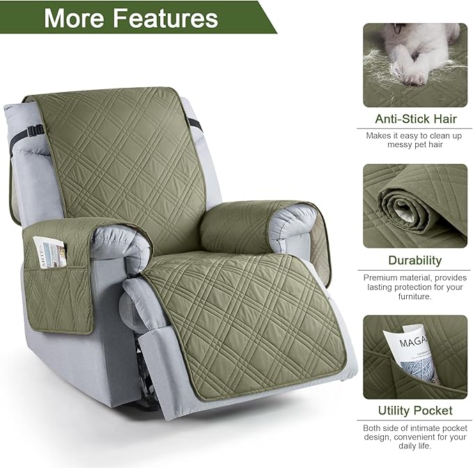 TAOCOCO 100% Waterproof Recliner Chair Cover Stay in Place, Recliner Covers for Small Recliner Chair with Pocket, Reclining Chair Cover Furniture Protector for Kids, Pets(20'', Green)