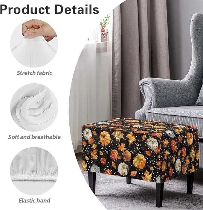 Fall Maple Leaves Pumpkin Rectangle Ottoman Cover Machine Washable Stretchable Slipcover with Elastic Edge for Rectangular Footstools, Thanksgiving Decor 30" L x 24" W x 15" H