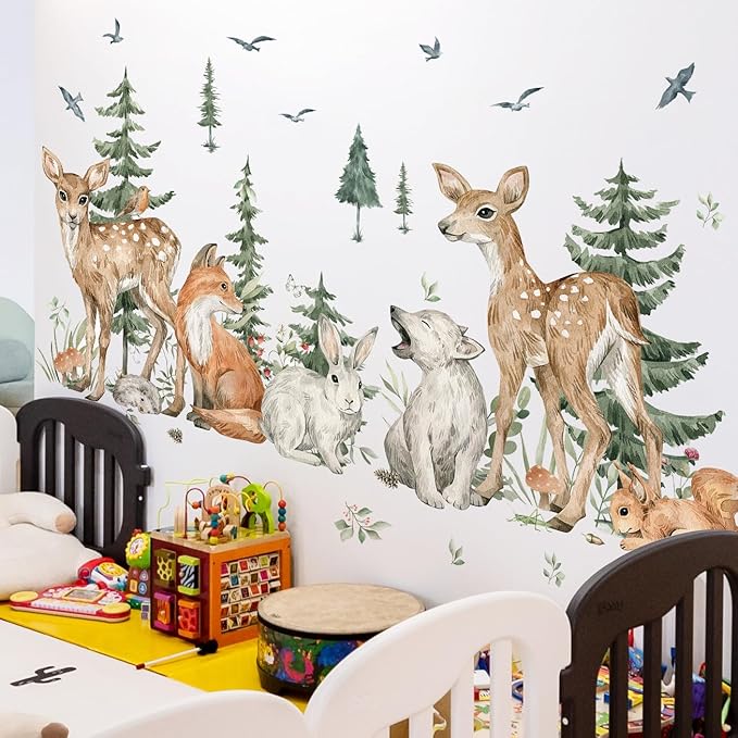 Amaonm 4 Sheet of 12x36 inch Giant Forest Tree Wall Decal Woodland Deer Bear Rabbit Fox Squirrel Birds Wall Stickers 3D DIY Peel and Stick Jungle Wild Animal Pine Wall Decor for Kids Boys Bedroom