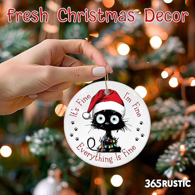 Everything is Fine Cat Ornament – Black Cat Ceramic Hanging Decor 2025, Funny Christmas Ornaments, Coworker Office Keepsake Gift