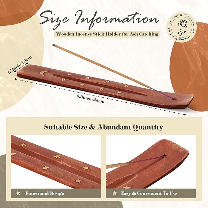 Maxcheck 30 Pcs Wooden Incense Holder for Sticks Sandalwood Incense Sticks Holder Incense Burner Ash Catcher 10 Inch Handmade Inscent Tray for Home Decor Meditation Aromatherapy Yoga, 3 Styles