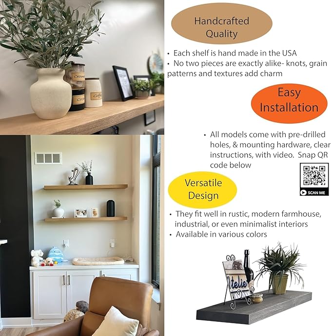 joelsantiques 24 Inch Wooden Floating Shelves for Wall - 24x10x2 in - Made of Natural Wood - Long Heavy Duty Rustic Wall Shelves for Bedroom - Perfect for Living Room, Kitchen - Beige