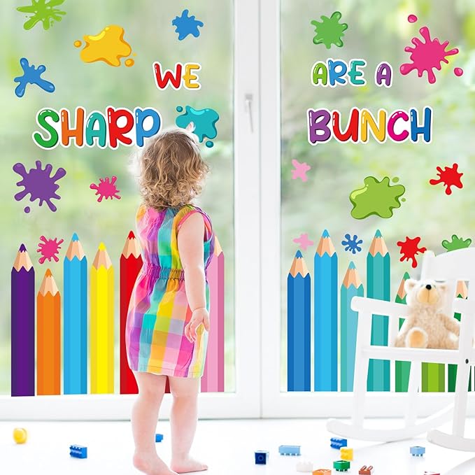 9 Sheets Back to School Window Clings Stickers First Day of School Pencil Double-Sided Window Decals for Welcome Back to School Party Supplies School Home Wall Glass Blackboard Decorations