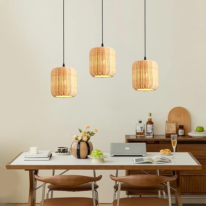 TeruTeru Ji Kaikang 3-Pack Mini Rattan Pendant Light,7.87" Rustic Bamboo Hanging Light Hand-Woven Rattan Chandelier for Dining Living Bedroom Kitchen Farmhouse