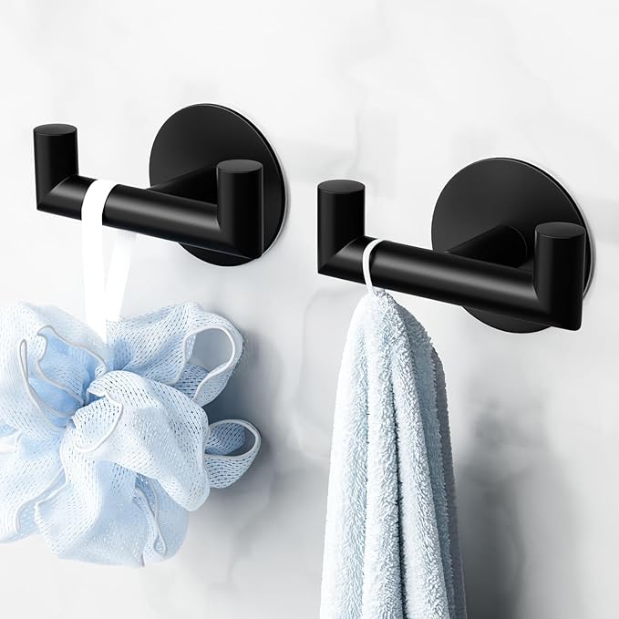 2 Pack Black Bathroom Hooks for Towels - Self Adhesive Double Hooks for Wall, No Drilling, Matte Finish, Strong Hold for Robes, Coats, Shower Use