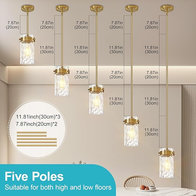 4.72" Hammered Glass Pendant Lighting for Kitchen Island 1 Pack, Modern Brushed Gold Pendant Light Fixtures, Adjustable Ceiling Pendant Light for Kitchen Island Dining Room Bedroom Hallway
