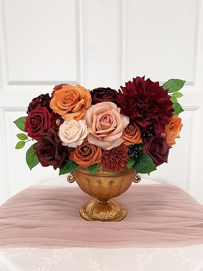 Roses Artificial Flowers Burgundy Bouquet Fake Flower with Stems for DIY Bridal Wedding Shower Decorations Party Table Centerpieces Faux Silk Floral Arrangement for Home Decor Indoor Orange