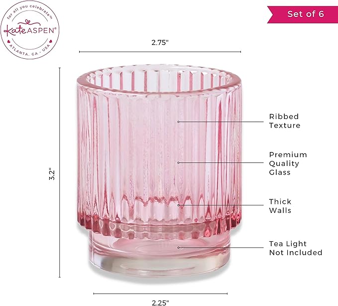 Blush Pink Vintage Ribbed Glass Tealight Votive Candle Holders by Kate Aspen (Set of 6), Pink Decor, Boho Decor, Shelf Decoration, Rose Gold Look | Perfect Hostess Gift (Pack of 6)