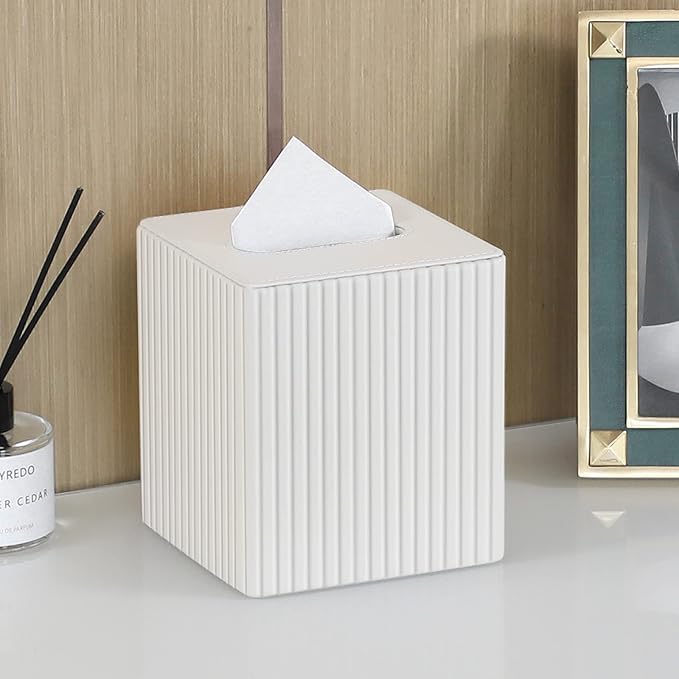 PU Leather Tissue Box Cover Square Tissue Box Holder with Magnetic Closure (Ivory Stripe)