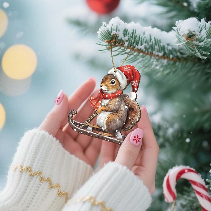Snowboarding Squirrel Christmas Tree Keepsake Ornaments, Funny Squirrels Themed 2 Side Printed Flat Wooden Ornament, Xmas Hanging Decor