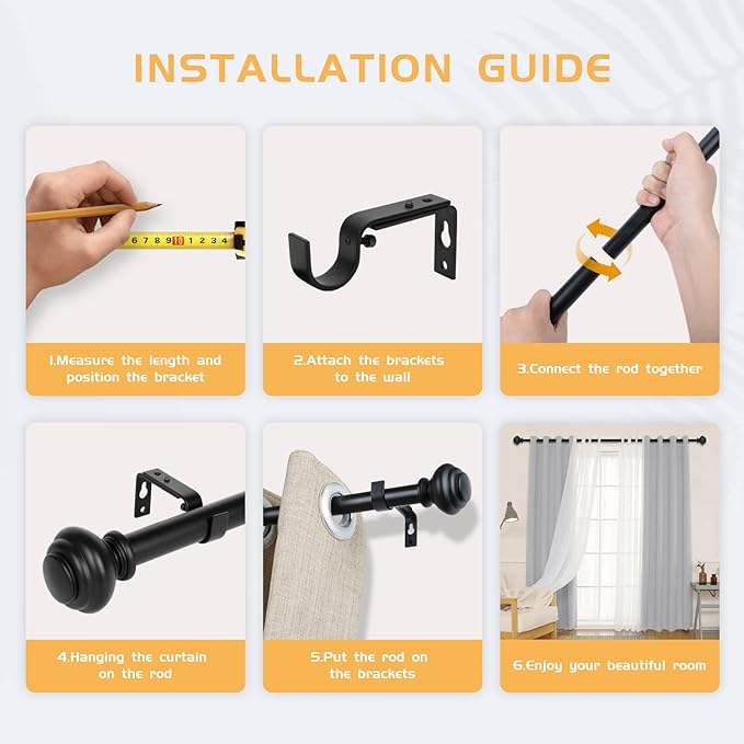 1 Inch Black Curtain Rods for windows,Heavy Duty Curtain Rods for Windows 66 to 120 Inch,Standard Decorative Window Curtain Rod Set with Brackets for bathroom Kitchen Bedroom Window,