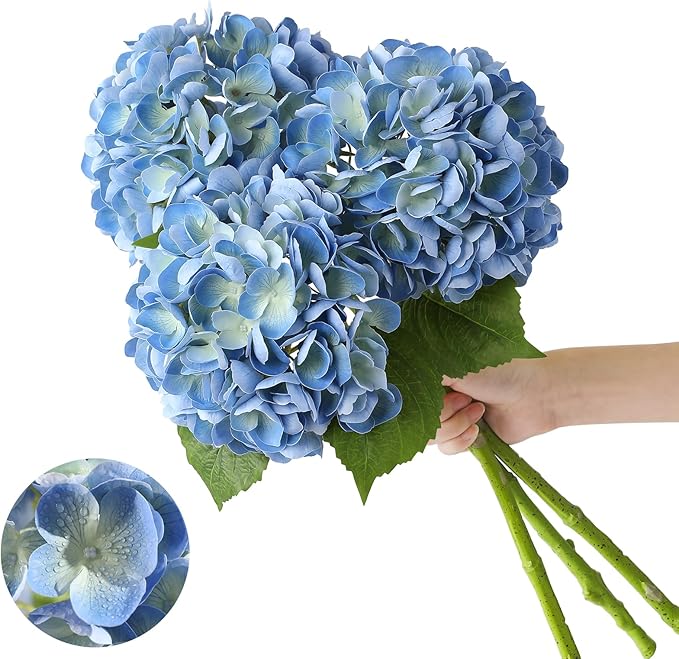 JUSTOYOU 3 Pcs Real Touch Hydrangea Artificial Flowers 22.8" Lifelike Latex Blue Hydrangeas Fake Hydrangeas for Home Decor Party Wedding Bouquets Table Centerpieces Floral Arrangements Indoor Decor