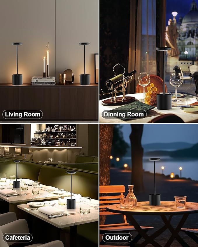 Cordless Table Lamp Set of 2, Rechargeable 5000mAh Battery Powered Outdoor Table Lamps, Portable LED Desk Lamp, 3 Color Dimmable Light for Restaurant, Patio, Bedroom, Bedside Night Lamp(Black)