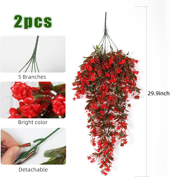 RECUTMS 2 Pack Artificial Greenery Plastic Flower Fake Hanging Plant Vines Plants UV Resistant for Outdoor Home Garden Wall Office Wedding Party Hanging Basket Decoration (Red)