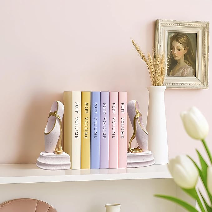 Ballet Shoes Bookends Set of 2 – Pink Resin Book Stoppers with Golden Ribbons, Elegant Decorative Book Ends for Girls’ Room, Bookshelf, and Office Decor