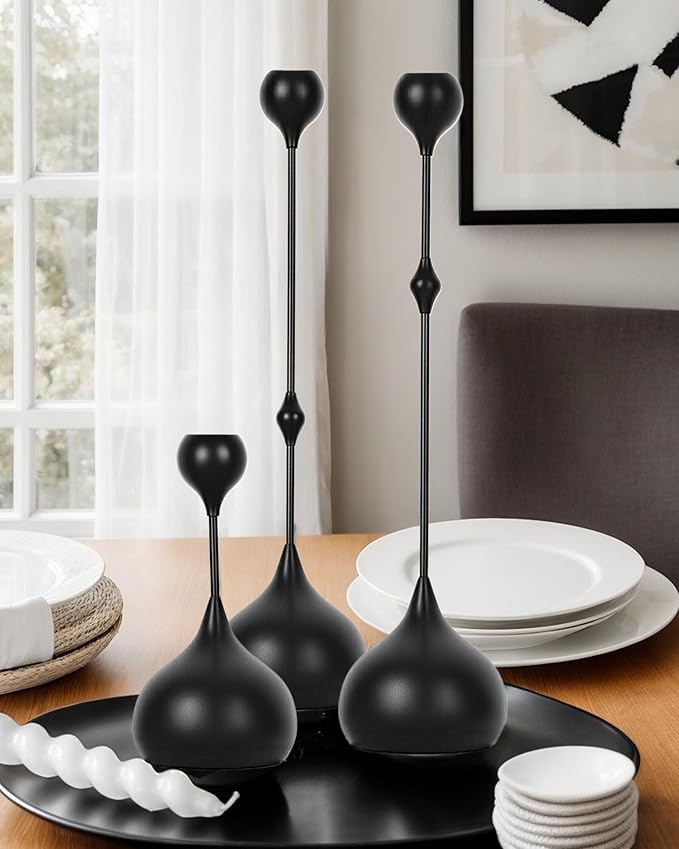 Candle Holders Set of 3 - Taper Candle Holders for Table Decor, Elegant Minimalist Design, Perfect for Weddings, Parties, and Home Decor (Black)