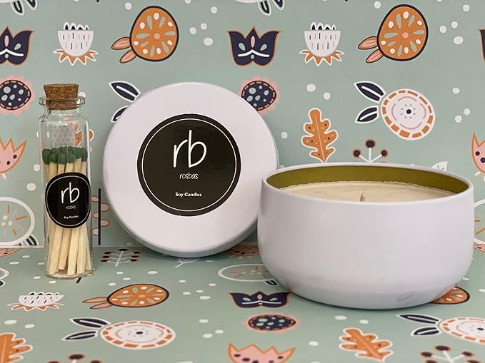 Rosbas Candle, Green Tea & Lemongrass Scented, Natural Soy Wax, White Metallic Tin, 6 oz, Cotton Wick, Long Burn Time, Drawstring Cotton Bag, Non-Toxic, Handmade in The USA