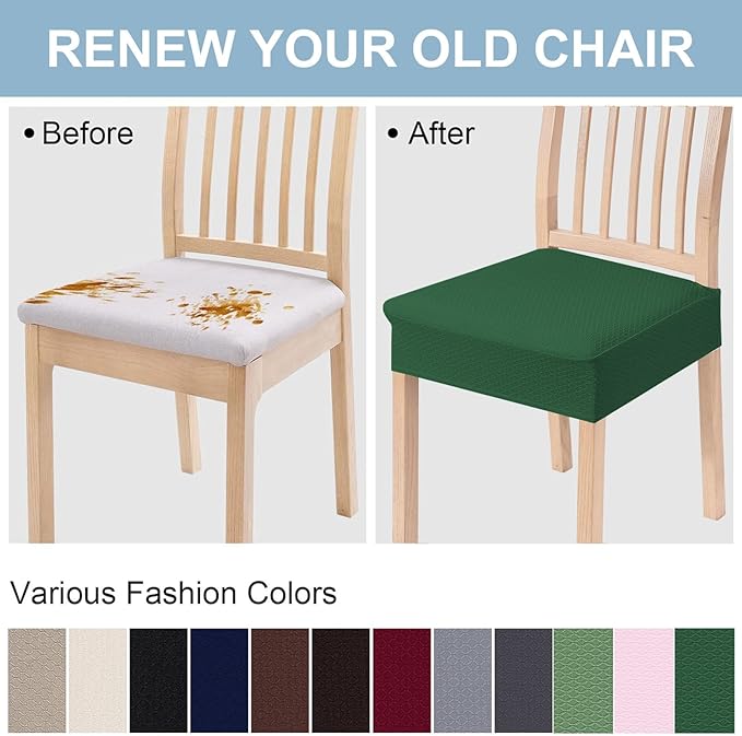 Smiry Stretch Jacquard Seat Covers for Dining Room Chairs Set of 6, Removable Washable Chair Seat Protector Slipcovers, No Rear Covers, Emerald Green