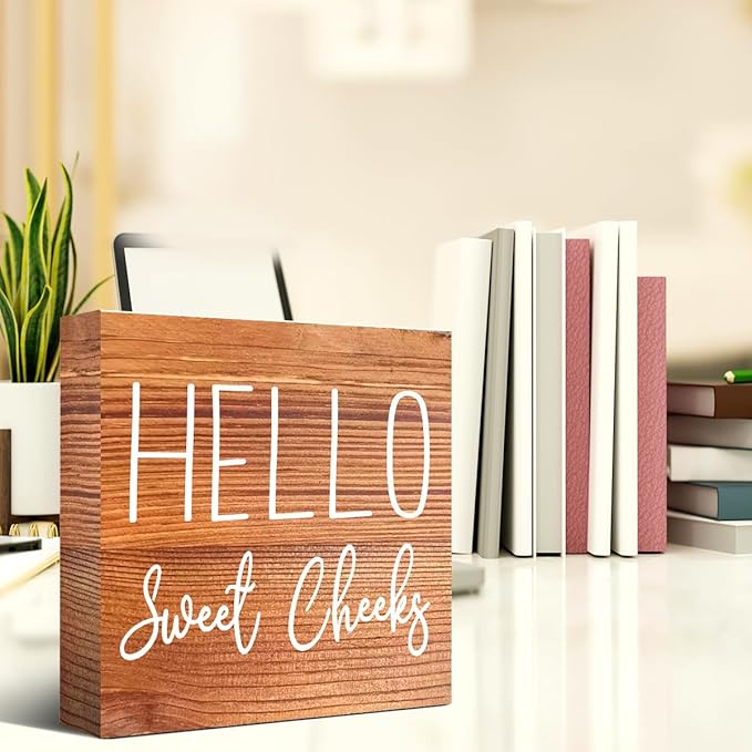 LVQHI Cute Bathroom Shelf Decor, Hello Sweet Cheeks Sign Wooden Box for Shelves Toilet Restroom Tabletop Decoration, Funny Brown Wood Bathroom Sign Decor, 5'' L x 5" H ﻿