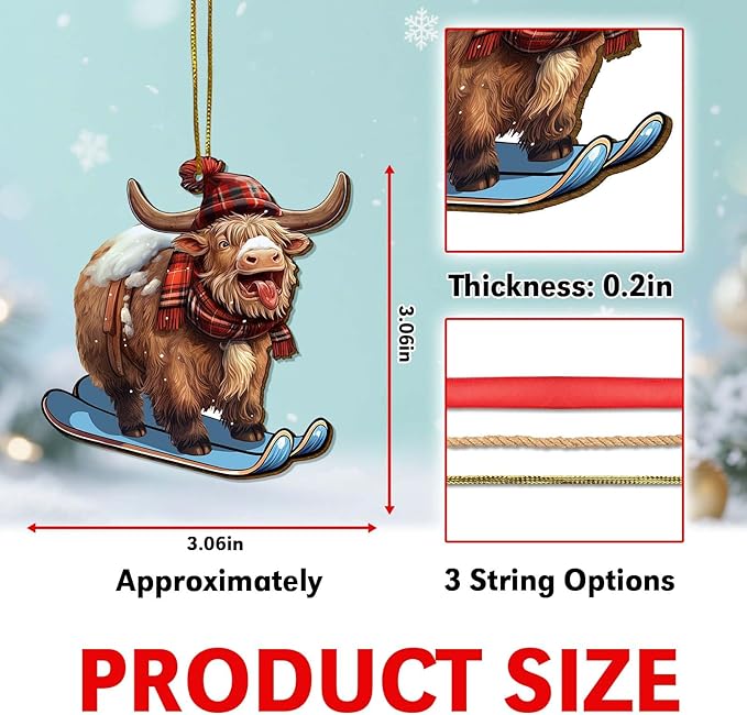 Santa Cow Christmas Tree Keepsake Ornaments, Funny Highland Cow Themed 2 Side Printed Flat Wooden Ornament, Xmas Hanging Decor