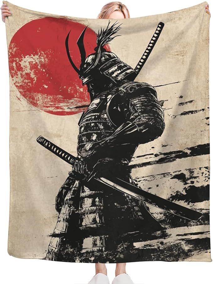 Tijuboni Japanese Samurai Throw Blanket Japanese Warrior Gifts for Men Women Girls Boys Kids Adults Soft Flannel Fleece Blanket for Couch Sofa Bed Home Decor 60"x80"