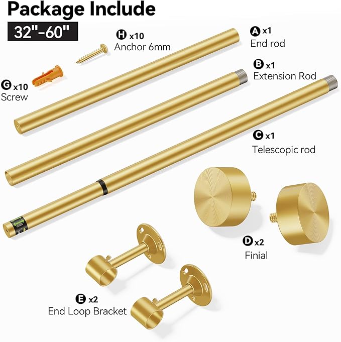 YaFex Heavy Duty Curtain Rods 32-60 Inch, 1 Inch Adjustable Curtain Rod for Windows, Gold Short Window Treatment Rods with Aluminium Finials, Easy Installation