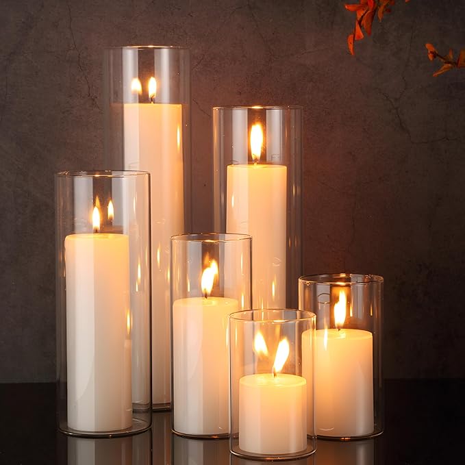 Shihanee Set of 12 Pillar Candles and Glass Cylinder Vases Assorted Sizes Clear Cylinder Holders for Pillar Candles Home Table Centerpieces Wedding Party Decorations (Multiple Sizes,Ivory)