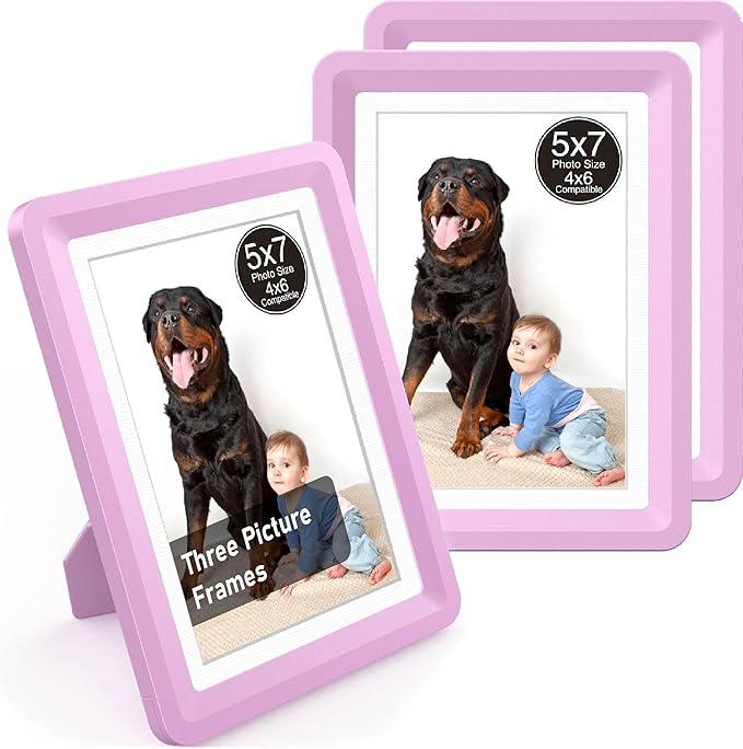 Pink 5x7 Picture Frame with Acrylic Front 3 Pack, ABS Frame for 5x7 or 4x8 Photos, Shatterproof UV-Resistant Tabletop Photo Frame, Vertical/Horizontal Display for Home Décor