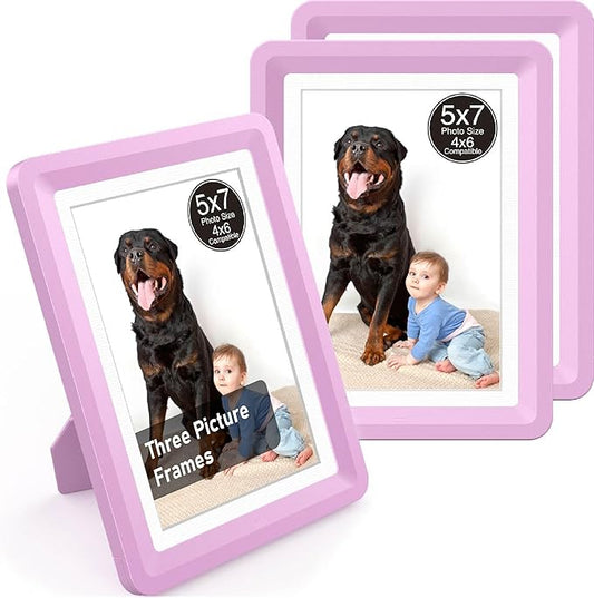Pink 5x7 Picture Frame with Acrylic Front 3 Pack, ABS Frame for 5x7 or 4x8 Photos, Shatterproof UV-Resistant Tabletop Photo Frame, Vertical/Horizontal Display for Home Décor