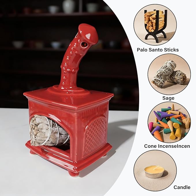 Red Ceramic Palo Santo Holder - Modern Incense Burner for Yoga & Meditation - Ash Catcher for Wood Sticks & Sage - Versatile Smudge Bowl & Cone Burner - Perfect Unique Gift for Mindfulness