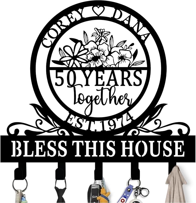 Personalized Key Holder for Wall Gifts for Parents 50th/30th/40th/60th/Every Anniversary Wedding Gifts for Couple Parent Husband Wife, Best Wedding Anniversary Custom Gifts, Custom Metal Key Hook