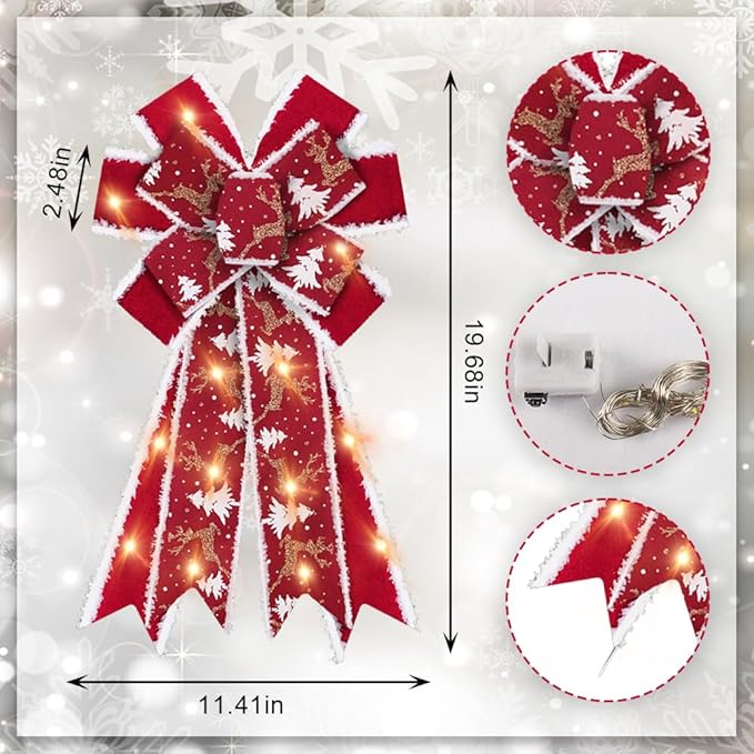 Hying Large Christmas Bows - LED Light Red Velvet Wreath Bow for Winter Décor, Tree Topper & Xmas Ornament