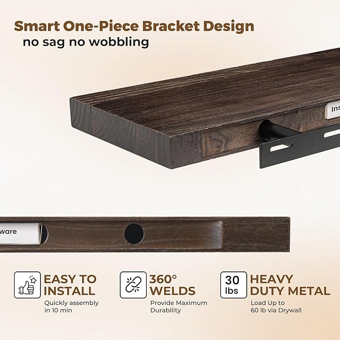 Axeman Floating Shelves for Wall, 8 Inch Deep Rustic Solid Elm Wood Wall Shelves for Storage, Wall Mounted Display Shelving with Invisible Heavy-Duty Metal Bracket, 36'' Width Set of 2, Walnut