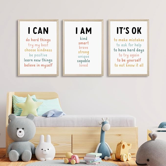 Kids Affirmation Wall Art Positive Canvas Wall Decor Inspirational Quotes Wall Art Motivational Words Pictures Daily Affirmations Poster Nursery Prints for Playroom Children Room 16x24x3 Inch Framed
