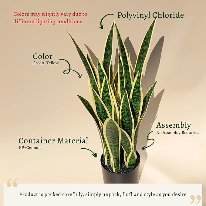 KOL 3ft 2PCS Artificial Snake Plant, 32 PVC Lifelike Leaves, 35in Faux Sansevieria for Indoor Home & Garden Decor, Potted Mother-in-Law's Tongue Plants, Yellow
