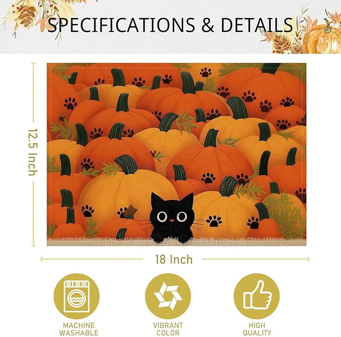 Double Side Set of 4 Cute Black Kitty Pumpkins Fall Placemats Seasonal Autumn Harvest Table Mats for Indoor Outdoor Home Party Dining Decor Farmhouse Burlap Table Mats 12x18 Inch #WP020