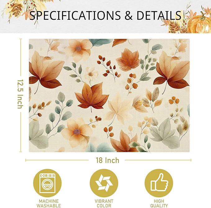 Double Side Set of 4 Maple Leaves Fall Placemats Seasonal Autumn Harvest Table Mats for Indoor Outdoor Home Party Dining Decor Farmhouse Burlap Table Mats 12x18 Inch #WP023