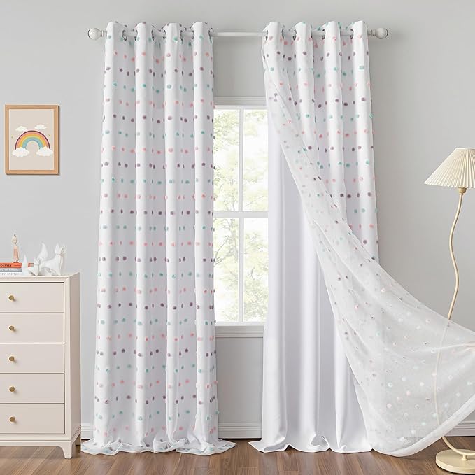 MYSKY HOME Long Curtains for Sliding Glass Door 95 Inch Length Rainbow Pom Pom Sheer Curtain Panels for Living Room Double Layer Light Filtering Window Drapes for Girls Kids, White, 52" Wide, Set of 2