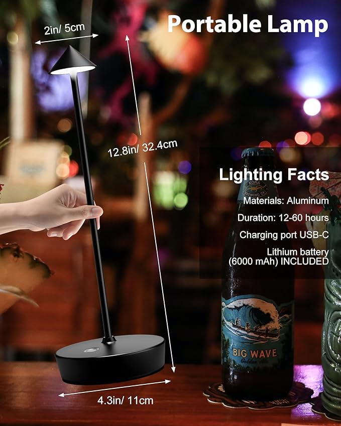 Cordless Table Lamps Rechargeable, 6000mAh Battery Operated LED Desk Lamp Outdoor Waterproof Portable Touch Dimmable Table Light for Patio Restaurant Dining Home Set of 2 Black