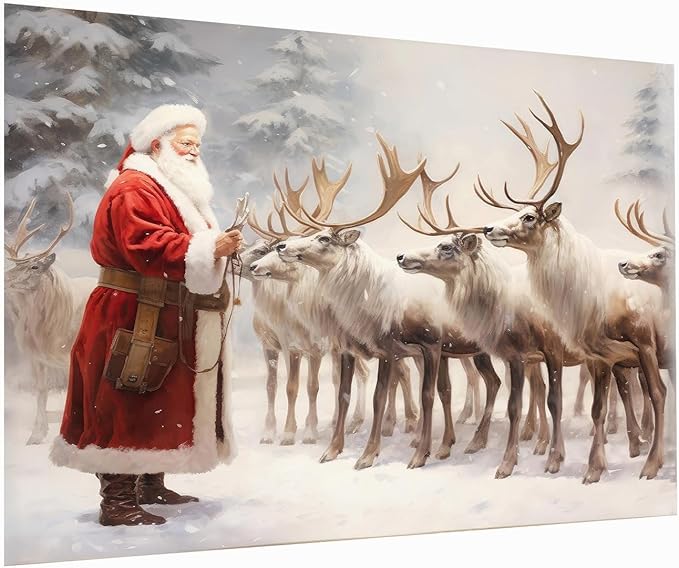 Santa Claus and Reindeer Art Print,Vintage Christmas Reindeer Wall Art,Vintage Santa Print,Vintage Reindeer Poster,Winter Wall Art,Christmas Holiday Decor16x24inchUnframed