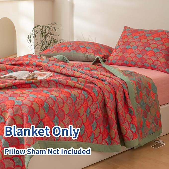 100% Cotton Muslin Blanket Jacquard Rustic Mermaid Fish Scales Quilt, Soft Bed Cover 3 Layers Reversible Bedspread Coverlet Breathable Lightweight Bedding King(98"x94"), No Pillow Sham