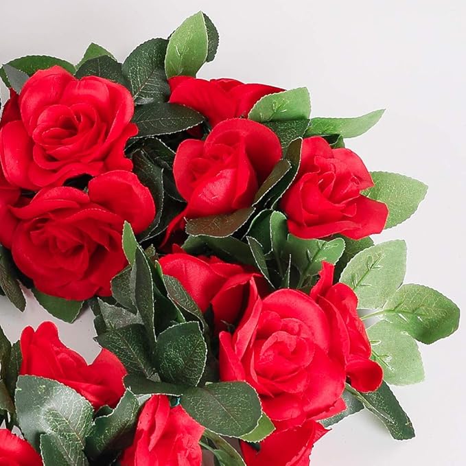 LESING Rose Garlands Artificial Rose Vines, 4PCS(28.8FT) Fake Silk Flower Garland with Greenery Plants Wedding Hanging Flower Vines Garlands for Home Office Arch Garden Decoration (Red)