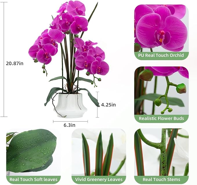 CXGS Artificial Orchid Flower Plant 20.9'' Realistic Latex Faux Orchids in Ceramic Vase Purple Fake Phalaenopsis Flower Arrangement Orchids with Spotted Stems for Centerpiece Table Home Decor