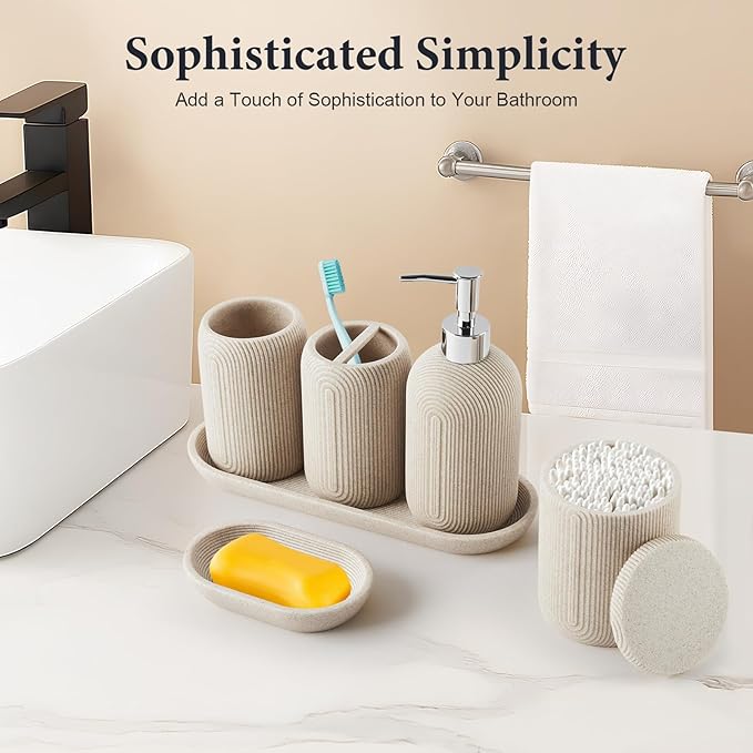 Bathroom Accessories Set - 7-Piece Resin Bathroom Set, Toothbrush Holders Set, Soap Dispenser, Qtip Holder Dispenser, Tumbler, Soap Dish & Tray, Modern Bath Decor for Home Dorm Hotel (Beige)
