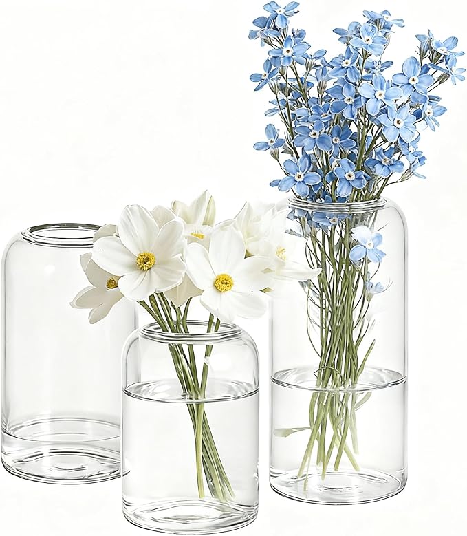 Glass Bud Vases Set of 3 Clear Flower Vase for Centerpieces Shelf, 3.9'' 4.9'' 6.7'' Modern Small Vases for Living Room Bedroom Office Home, Decor for Wedding House Warming Party