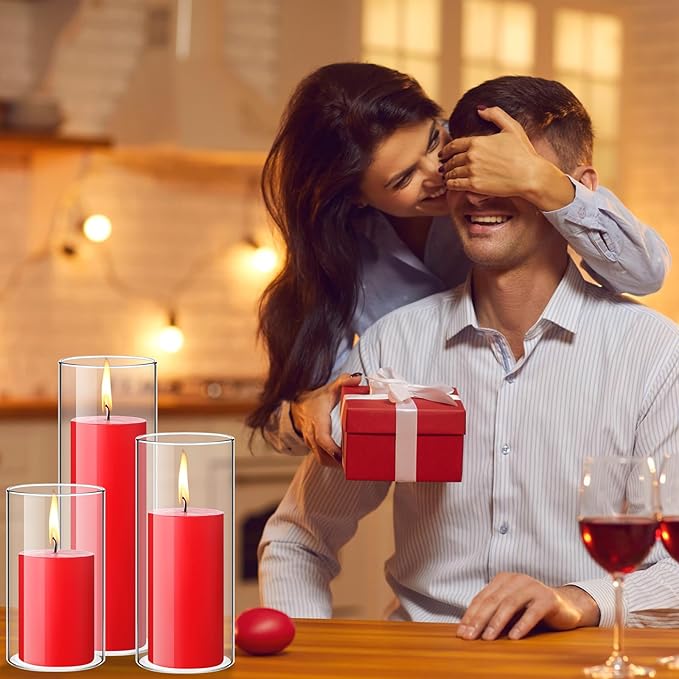 Shihanee Set of 3 Pillar Candles and 3 Glass Cylinder Candle Vases Holders Clear Pillar Jars for Wedding Centerpieces(2.6'' X 4.7'', 5.9'', 7.9'',Red)