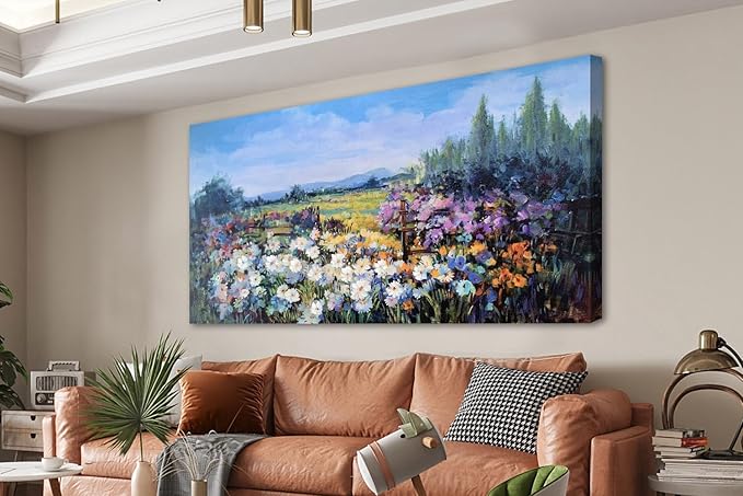 Acocifi Wildflower Wall Art Canvas Rustic Landscape Picture Textured Painting Colorful Scenery Painting Large Artwork for Living Room Bedroom Kitchen Office Home Decor 40"x20"