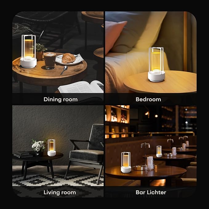 Portable Metal Table Lamp for Indoor/Outdoor ,Rechargeable Cordless LED Lamp, 3-Colour Infinitely Dimming Battery Powered Small Desk Lamp, Restaurant/Bedroom/Bar/Coffee/Camping Light (White Set of 2)