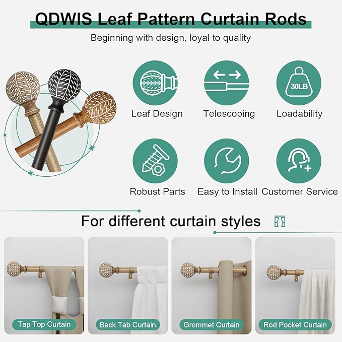 2 Pack Wood Curtain Rods for Windows 48 to 84 Inch,1'' Diameter Drapery Rods with Imitation Wood Grain Leaf Pattern Finials,Boho Adjustable Heavy Duty Curtain Rods Set,36-88'',Weathered Wood