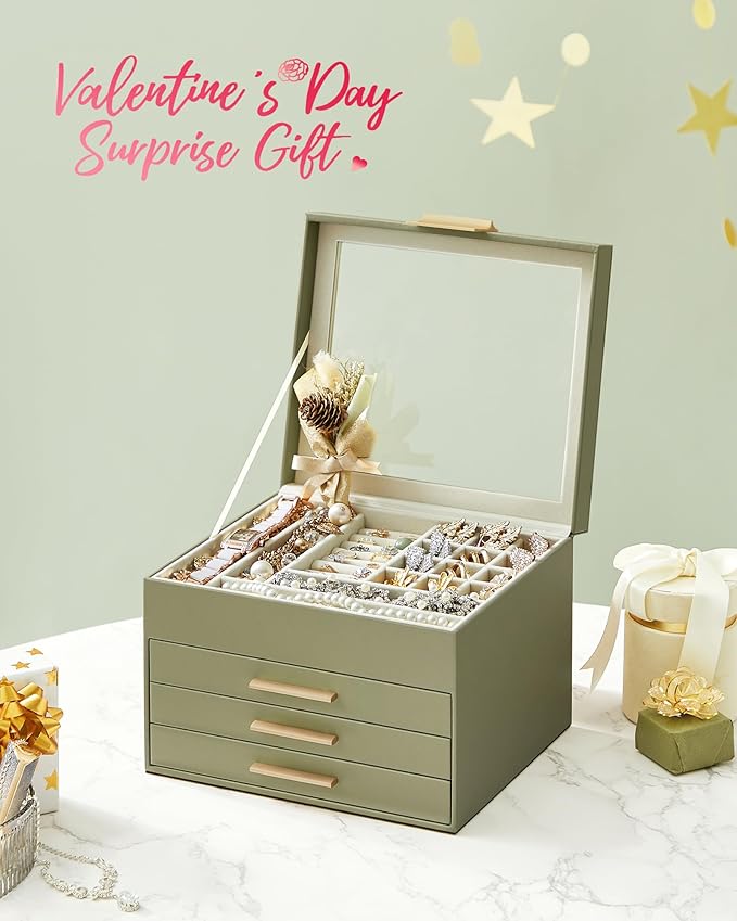 SONGMICS GISELLA Collection - Jewelry Box Organizer, 4-Layer Jewelry Storage with 3 Drawers, Shiny Metal Hardware, Glass Lid, Modern, 8 x 9.1 x 6.5 Inches, Avocado Green and Gold Color UJBC173C02